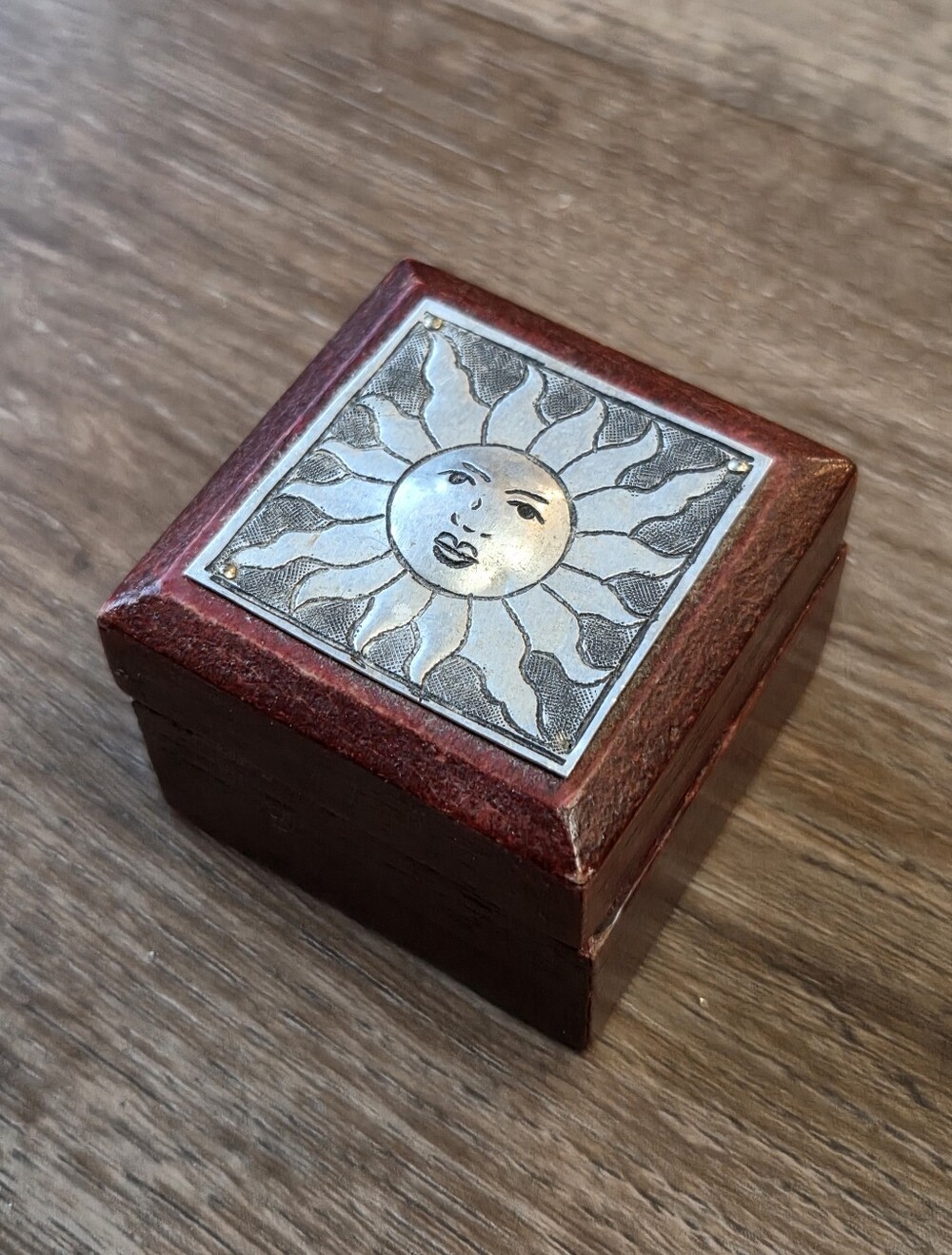 Vintage Celestial Sun Face Mini Wooden Trinket Box. Super cute!